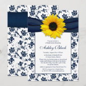 Sunflower Navy Damask Bridal Shower Invitation Kaart (Voorkant / Achterkant)