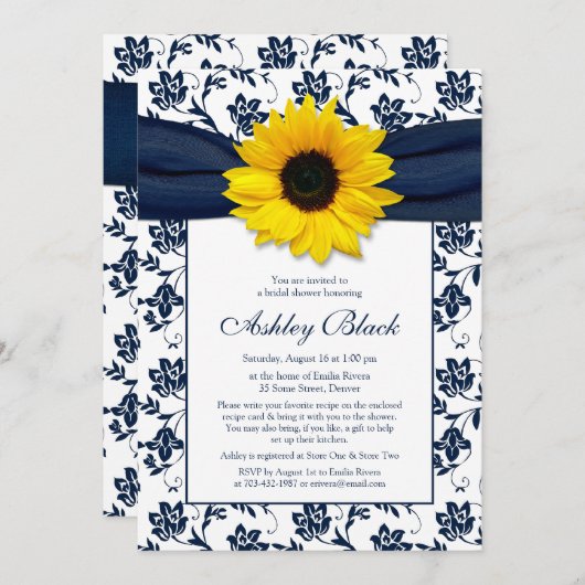 Sunflower Navy Damask Bridal Shower Invitation Kaart (Voorkant / Achterkant)
