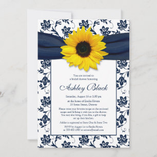 Sunflower Navy Damask Bridal Shower Invitation Kaart