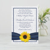 Sunflower Navy Damask Floral Wedding Invitation Kaart (Staand voorkant)