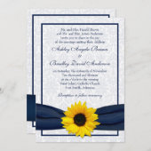 Sunflower Navy Damask Floral Wedding Invitation Kaart (Voorkant / Achterkant)