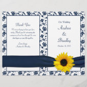 Sunflower Navy Damask Floral Wedding Programme (Voorkant)