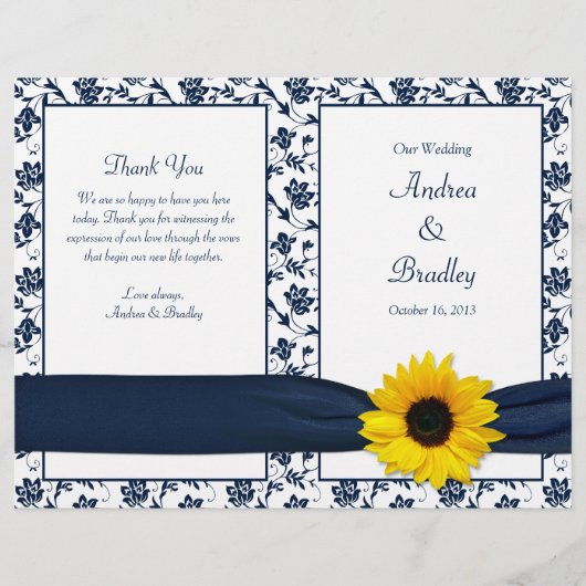 Sunflower Navy Damask Floral Wedding Programme (Voorkant)