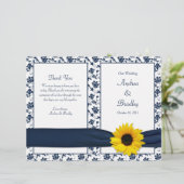 Sunflower Navy Damask Floral Wedding Programme (Staand voorkant)