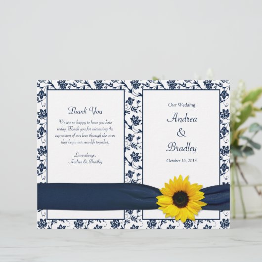 Sunflower Navy Damask Floral Wedding Programme (Staand voorkant)