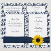 Sunflower Navy Damask Floral Wedding Programme (Voorkant / Achterkant)