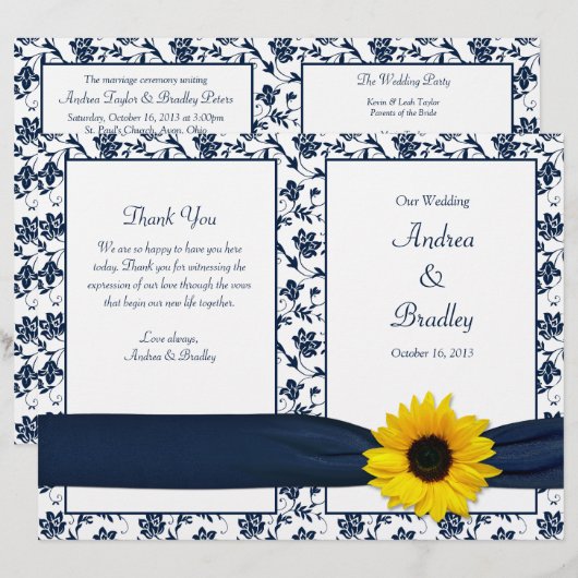 Sunflower Navy Damask Floral Wedding Programme (Voorkant / Achterkant)