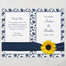 Sunflower Navy Damask Floral Wedding Programme