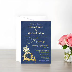 Sunflower Navy gold Wedding Invitation Folie Feestdagenkaart