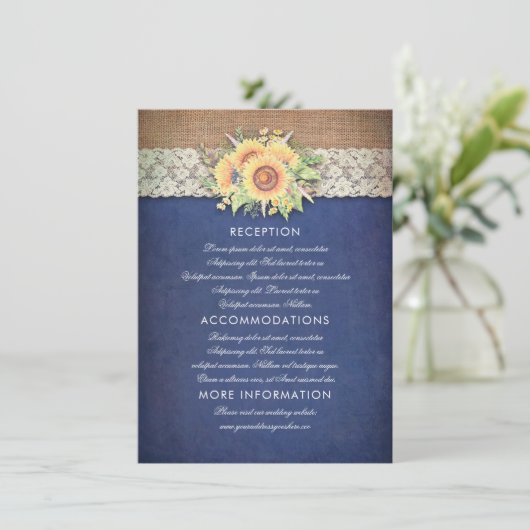 Sunflower Navy Wedding Informatie Gast Kaart (Staand voorkant)