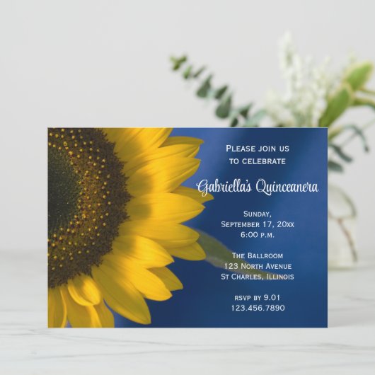 Sunflower op Blue Quinceanera Invitation Kaart (Staand voorkant)