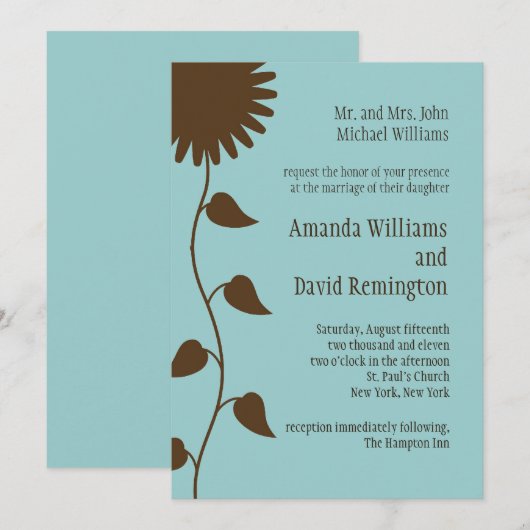 Sunflower op Blue Wedding Invitation Kaart (Voorkant / Achterkant)