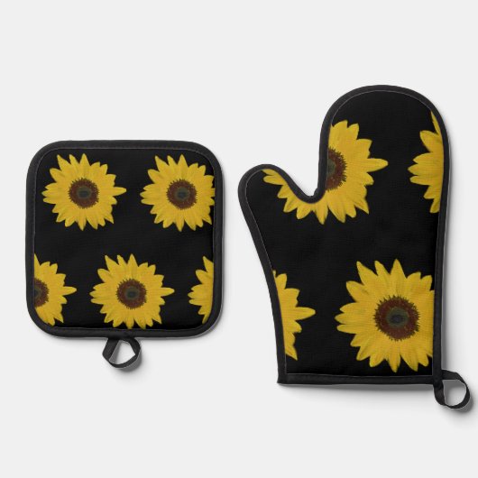 Sunflower Oven Mitt & Potholder Set Black & Yellow (Voorkant)