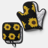 Sunflower Oven Mitt & Potholder Set Black & Yellow (Voorkant / Achterkant)