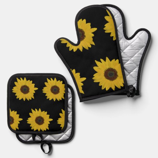 Sunflower Oven Mitt & Potholder Set Black & Yellow (Voorkant / Achterkant)