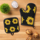 Sunflower Oven Mitt & Potholder Set Black & Yellow (Top down)