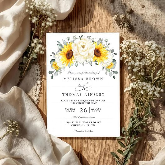 Sunflower Peony Floral Eucalyptus QR Code Wedding Kaart