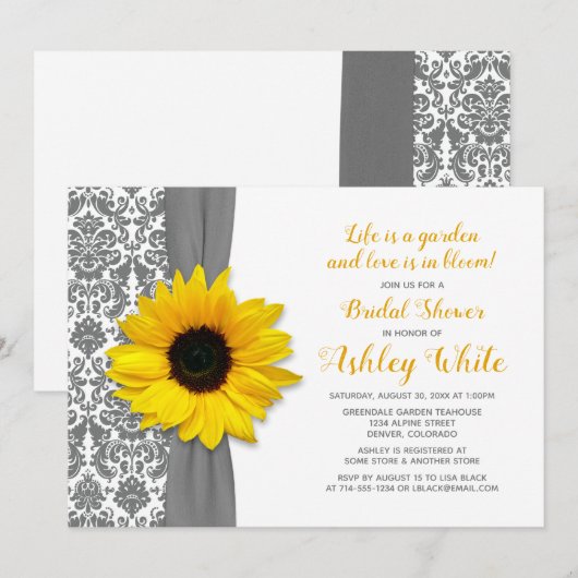Sunflower Pewter Gray Damask Vrijgezellenfeest Inv Kaart (Voorkant / Achterkant)