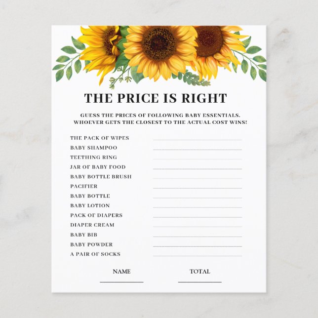 Sunflower Price is Right Baby Shower Game Card  (Voorkant)
