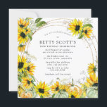 Sunflower Pumpkin Autumn Herfst 90th Birthday Kaart<br><div class="desc">Mooie waterverf zonnebloemen en pompoenen creëer een feestelijke grens voor deze uitnodiging van het 90ste verjaardagsfeest. Een modern, rond goud lijst met gouden confetti laat je partijgegevens zien. De achterkant van de uitnodiging is diep goudgeel met een zonnebloem en pompoenontwerp. Het bevat een ovaal met de naam van de verjaardag...</div>