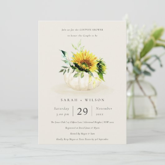 Sunflower Pumpkin Floral Couples Shower Invite Bedankkaart (Staand voorkant)