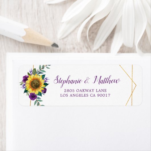 Sunflower Purple Floral Geometric Gold Address Etiket (Insitu)