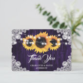 Sunflower Purple Rustic Wood Floral Lace Wedding Bedankkaart (Staand voorkant)