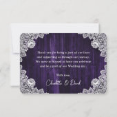 Sunflower Purple Rustic Wood Floral Lace Wedding Bedankkaart (Achterkant)
