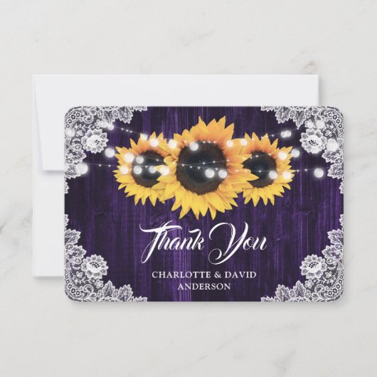 Sunflower Purple Rustic Wood Floral Lace Wedding Bedankkaart (Voorkant)