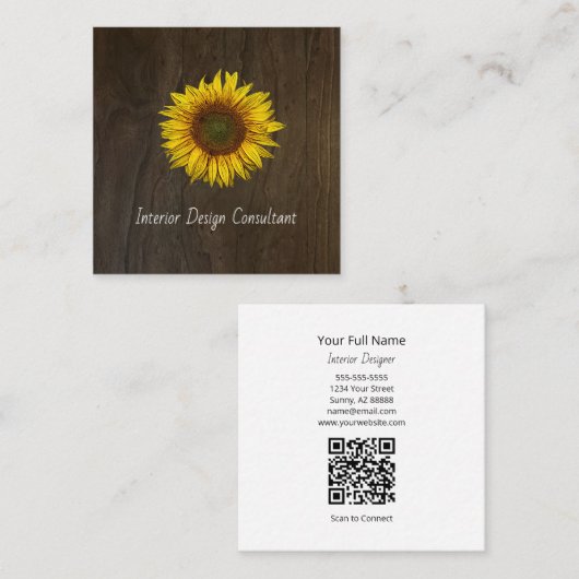 Sunflower QR code Interior Designer Rustic Wood Vierkante Visitekaartje (Voorkant / Achterkant)