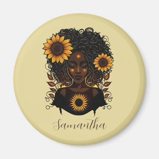 Sunflower Queen Afro Woman Magneet (Voorkant)