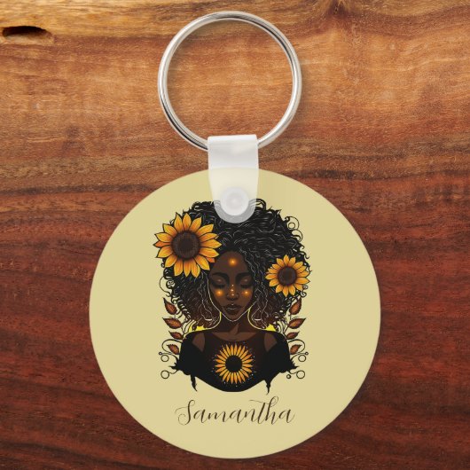 Sunflower Queen Afro Woman Sleutelhanger (Achterkant)