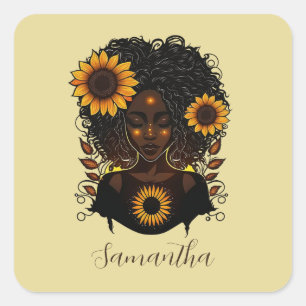 Sunflower Queen Afro Woman Vierkante Sticker