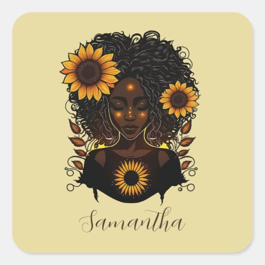 Sunflower Queen Afro Woman Vierkante Sticker (Voorkant)