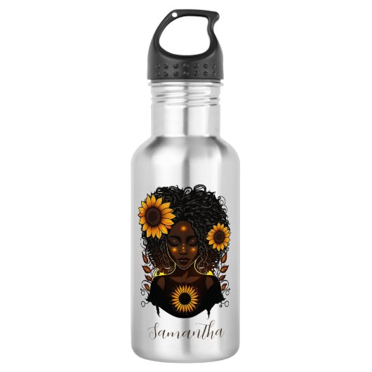 Sunflower Queen Afro Woman Waterfles (Voorkant)
