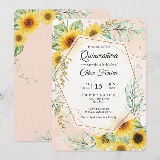 Sunflower Quinceañera Kaart (Voorkant / Achterkant)