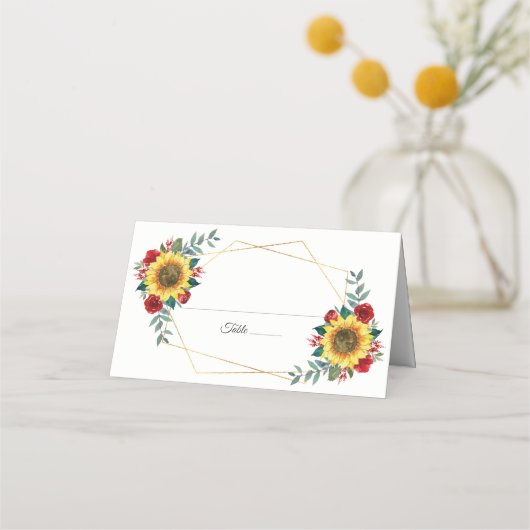 Sunflower Red Floral Geometric Wedding Plaatskaartje (Voorkant)