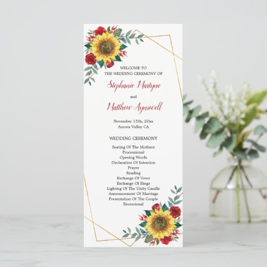 Sunflower Red Floral Geometric Wedding Programmakaart (Staand voorkant)
