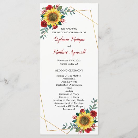 Sunflower Red Floral Geometric Wedding Programmakaart (Voorkant)