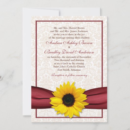 Sunflower Red Ribbon Damask Wedding Invitation Kaart (Voorkant)
