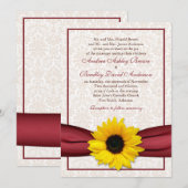 Sunflower Red Ribbon Damask Wedding Invitation Kaart (Voorkant / Achterkant)