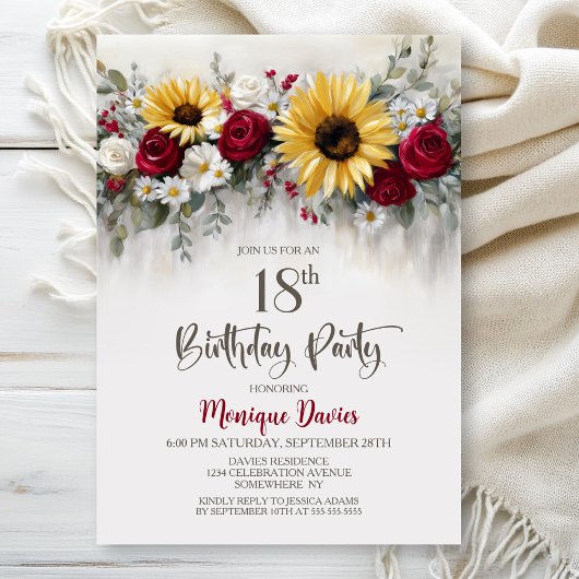 Sunflower Red Rose Floral 18th Birthday Party Kaart