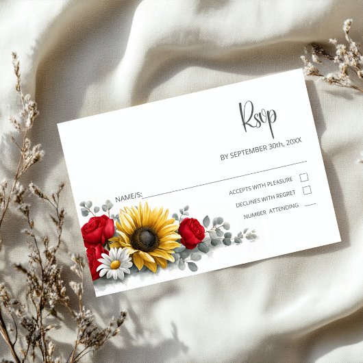 Sunflower Red Rose Floral Wedding RSVP Kaartje