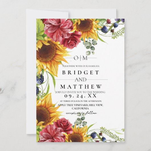  Sunflower Red Rose Watercolor Wedding Invitation Kaart (Voorkant)