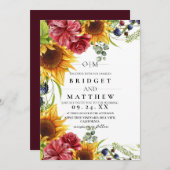  Sunflower Red Rose Watercolor Wedding Invitation Kaart (Voorkant / Achterkant)