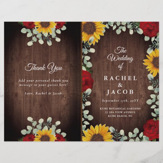 Sunflower Red Roses Rustic Folded Wedding Programm (Voorkant)