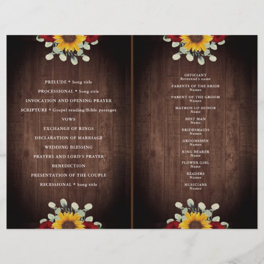 Sunflower Red Roses Rustic Folded Wedding Programm (Achterkant)
