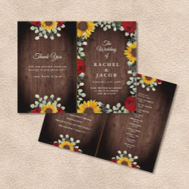 Sunflower Red Roses Rustic Folded Wedding Programm
