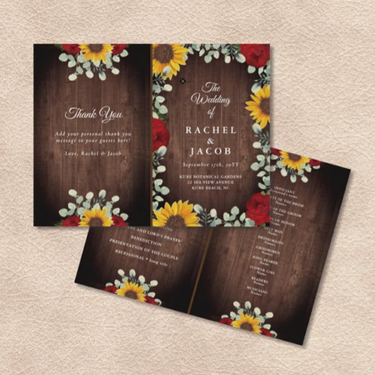 Sunflower Red Roses Rustic Folded Wedding Programm