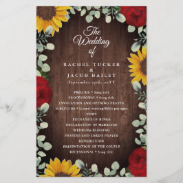 Sunflower Red Roses Rustic Wood Wedding Programme